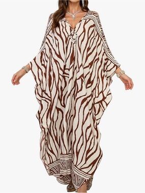 Women Print Kaftan Dress, Summer Besch Cover Up V-Neck Batwing Sleeves.